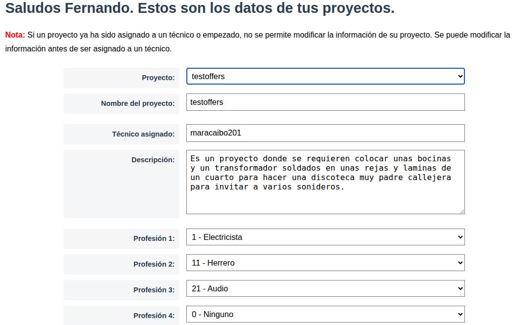 Se muestran los campos para ofertas creadas por un cliente