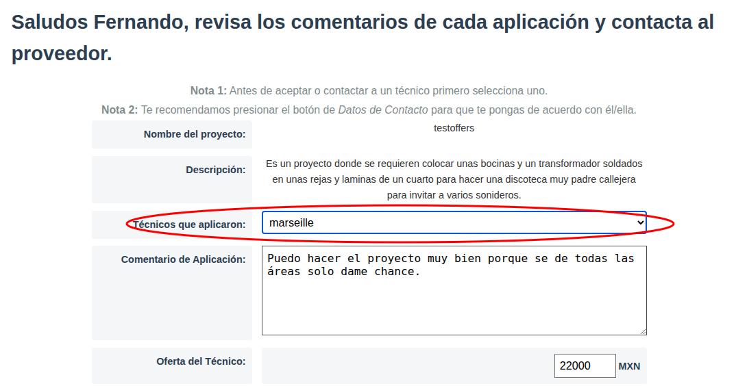Se muestran los técnicos que aplicaron para tu proyecto