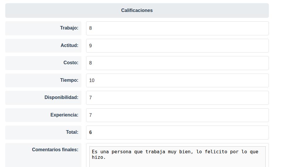 Evaluaciones a tus proyectos realizados